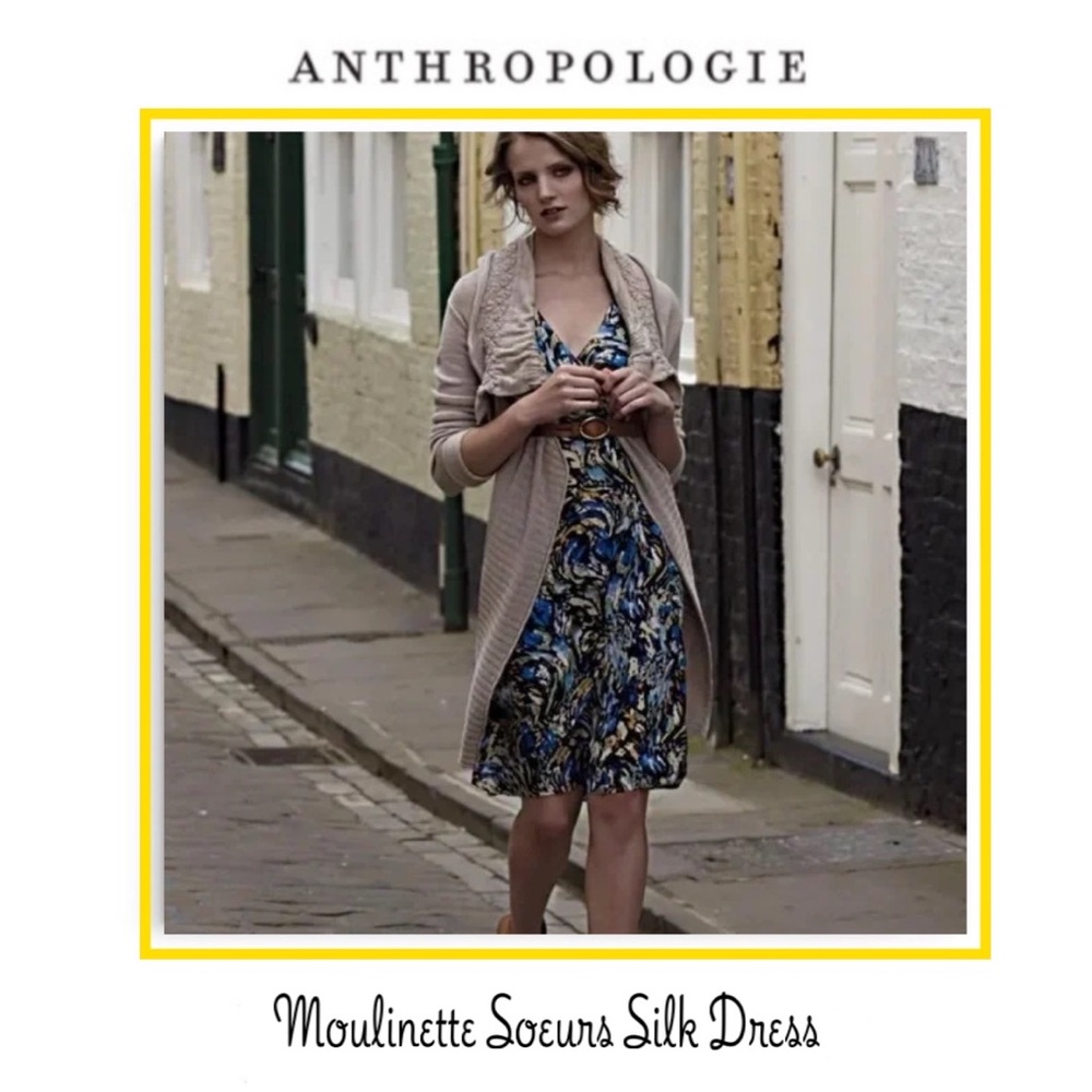 ANTHROPOLOGIE Moulinette Soeurs Faux Wrap  Dress Sz 8 Oak Apple Blue Silk #720